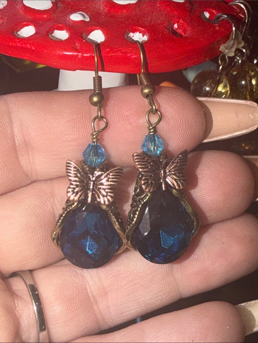 Vintage-Inspired Teal Crystal Butterfly Drop Earrings HANDMADE